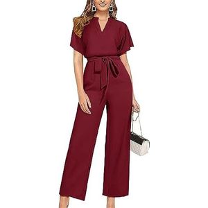 Dagelijkse slijtage Jumpsuit dames elegante lange jumpsuit korte mouw een stuk V-hals riem zomer bruiloft feestelijk (Color : Wine red, Size : XL-XLarge)