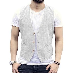 AeoTeokey Heren zomer linnen vest pak vest casual vest regular fit, wit, L