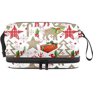 Dubbele Laag Cosmetische Tas Kerst Rendier Draagbare Make-up Tas Reizen Organizer Pouch Voor Vrouwen Meisjes Toiletries Tassen, Meerkleurig, 27x15x14 cm/10.6x5.9x5.5 in, Make-up zakje
