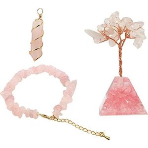 Soulnioi Healing Crystal Natuurlijke Rozenkwarts Crystal Orgen Piramide Levensboom Pachira Macrocarpa Ornament Roze Crystal Crushed Stone Armband Zeshoekige Prisma Hanger Ketting