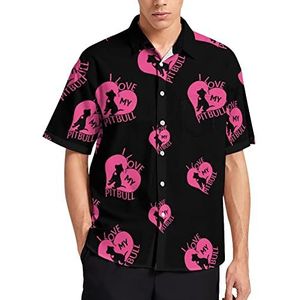 I Love My Pitbull Heart T-shirt met korte mouwen voor heren, casual knoopsluiting, zomer, strandtop met zak