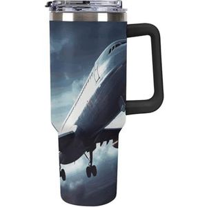 STVNKML 40 oz beker met handvat vliegtuig roestvrijstalen koffiemok herbruikbare reismok lekvrije geïsoleerde autobeker grote capaciteit beker voor reizen, buiten, thuisgebruik (zwart)