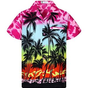 V.H.O. Funky Hawaïhemd heren korte mouwen voorzak Hawaii-print strand palmen diverse kleuren, Beach Eclectic Pink, XL