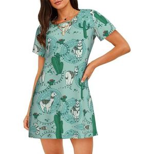 GXUNGT Llama Alpaca groene print dames zomergewaad, nachtkleding met korte mouwen, zacht en comfortabel, voor thuis en buiten, Zwart, S