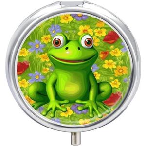 Kikker pillendoos 3 compartimenten reispillenorganisator 3 keer per dag schattige mini pillenetui voor portemonnee en zak draagbare metalen medicijndoos met spiegel ronde dagelijkse