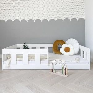 Vloerbed 120x200 met Valbeveiliging Wit - BAJO - Kinderbed 120x200 Massief Grenen - Stabiel Valbeveiligingsbed voor Kinderkamers - Comfortabel Valbeveiliging Vloerbed