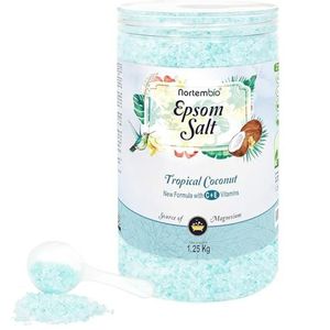 Nortembio Epsomzout 100% Geur Tropische Kokos 1,25 kg – Natuurlijke Bron van Magnesium | Met Hydraterende Vitamine C en E | Voor Ontspanningsbaden, Spa en Huidverzorging + Gratis E-Book