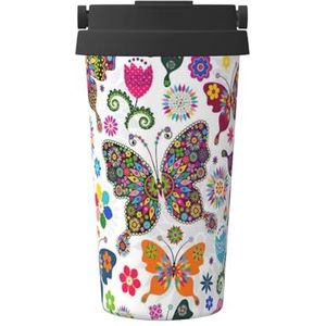 Witte bloemenpatroon kleurrijke vlinders print thermische koffiemok,reizen geïsoleerde deksel roestvrij stalen beker voor thuiskantoor buiten