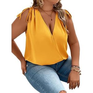 damestop in grote maten Plus mouwloze blouse met effen overslag, halsknoop, schouderomslag (Color : Yellow, Size : 4XL)