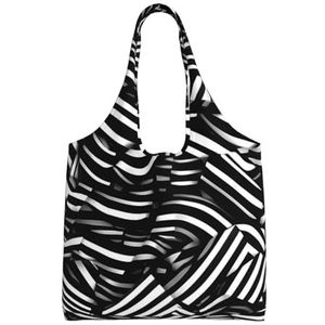 XIAOYANS Zwart en wit lijnen extra grote capaciteit schouder canvas tas voor winkelen reizen dagelijks gebruik, Zwart, Eén maat