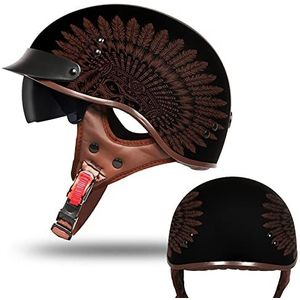 Half-Motorhelmen Brain-Cap · Half-Shell Jethelm Scooterhelm ECE-Certificering Motorhelm Voor Volwassenen Bromfietshelm Retro Half-Motorhelm Met Ingebouwd Vizier A,S=55-56CM