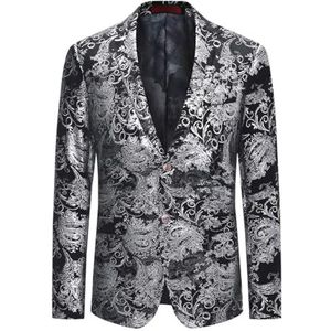 Allthemen Heren Casual Blazer Paisley Jacquard Pak Jassen Slim Fit Bloemenprint Stijlvolle Blazer Jassen Chique Jassen, Zilver, S
