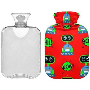 Cartoon robots op rode hete waterfles met deksel, hot pack voor krampen, pijnverlichting, periodewarmer voor krampen 1L