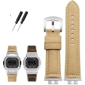 Echt lederen horlogeband geschikt for G-SHOCK geschikt for Casio GMW-B5000 kleine zilveren bar heren zachte comfortabele horlogebandaccessoires 22 mm(Color:Khaki-Steel-K2)