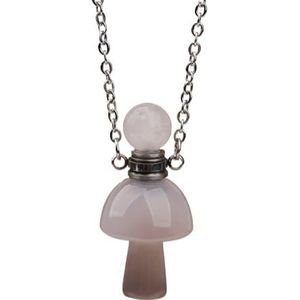 Women Crystal Mushroom Pendant, Hand Carved Gemstones Mushroom Perfume Bottle Necklace Healing Chakra Stone Jewelry Gift (Color : Grey Agate)