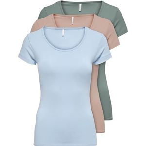 ONLY 15209153 Dames-T-shirt met korte mouwen, lange basic zomer-T-shirts, maten XS / S / M / L / XL, zwart of wit, set van 3 stuks, Kleur Mix 3, XL