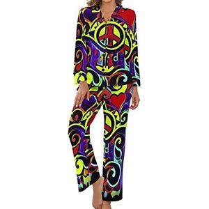 Hippy Art Peace Sign dames pyjama set lange mouwen lounge set comfortabele button down nachtkleding XL