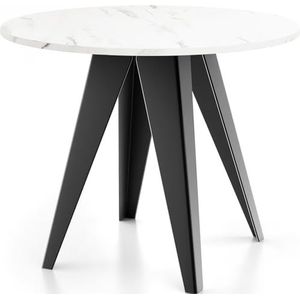 WFL GROUP Glory Eettafel in industriële stijl, modern, rond, uittrekbaar van 90 cm tot 130 cm, met gepoedercoate metalen poten, tafel voor kleine keuken, kleur wit marmer, 90 cm