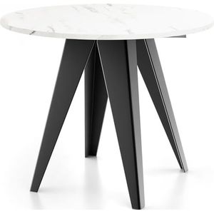WFL GROUP Glory Eettafel in industriële stijl, modern, rond, uittrekbaar van 90 cm tot 130 cm, met gepoedercoate metalen poten, tafel voor kleine keuken, kleur wit marmer, 90 cm