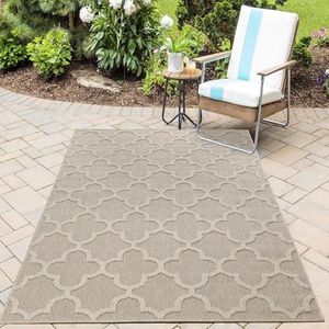 HomebyHome Vloerkleed, plat geweven, sisal-look, 3D, marocaans design, terras, balkon, tuin, keuken, camping, 8 mm, poolhoogte, voor binnen en buiten, weerbestendig, rechthoekig, beige, kleur: beige 1, maat: 200x290 cm