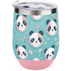 Leuke Pandas 12oz Wijn Tumbler Met Deksel Roestvrij Staal Cup Dubbelwandige Vacuüm Geïsoleerde Koffie Mok