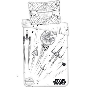 Jerry Fabrics Star Wars Death Star, ruimteschepen, ruimte, glow in the dark, zwart en wit, dekbed 140 x 200 cm, kussen 70 x 90 cm met ritssluiting, voor kinderfans en volwassenen