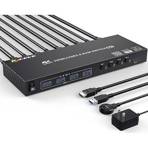 USB 3.0 KVM-switch HDMI 4-poorts ondersteuning 4K@60Hz 2K@120Hz Simulatie EDID, HDMI USB-switch voor 4 computers Delen 1 monitor en 4 USB 3.0-poorten, met desktopcontroller en KVM-kabels