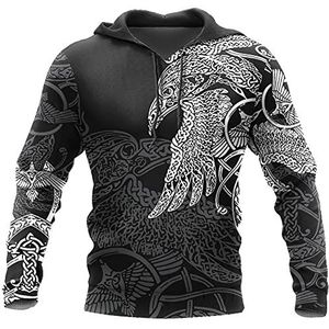 Mannen Viking Celtic Knot Raven Tattoos Full Zip Hoodie Sweatshirt, Noorse Mythologie Odin Crow Print Trekkoord Pullover, Mode Losse Lange Mouwen Tops Streetwear