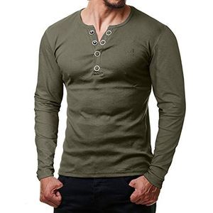 ReRock by Young & Rich T-shirt voor heren, lange mouwen, knoopsluiting, V-hals, Henley shirt, slim fit met grote knopen, serafino shirt, olijfgroen, M