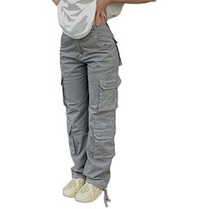 Groene Cargo Broek Baggy Jeans Vrouwen Mode Streetwear Zakken Rechte Hoge Taille Casual Vintage Denim Broek Overalls,Grijs,S