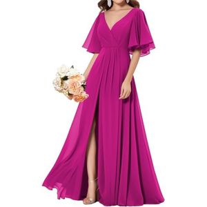 WSEYU V-hals bruidsmeisjesjurken lang met zakken A-lijn chiffon formele feestjurken avondjurken met split, roze (hot pink), 36