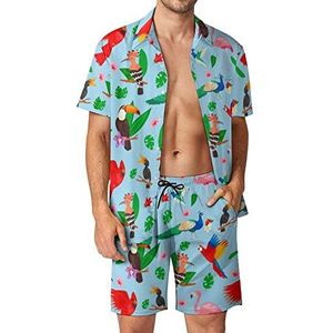 Tropical Birds Jungle Zomer Hawaiiaanse Sets voor Mannen Button Down Korte Mouw Trainingspak Strand Outfits XS