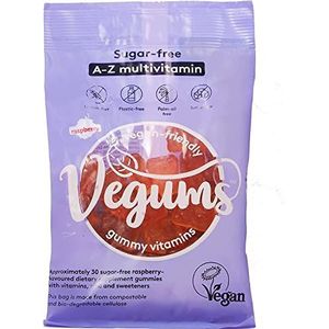 Vegums Veganistisch suikervrije framboos-gebakken A-Z multivitamine gummy voedingssupplement | 30 gummies in milieuvriendelijke verpakking