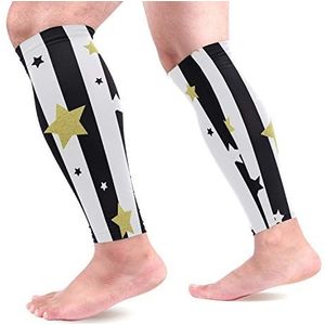 EZIOLY Zwart Wit Goud Sterren Strepen Sport Kalf Compressie Mouwen Been Compressie Sokken Kalf Guard voor Hardlopen, Fietsen, Moederschap, Reizen, Verpleegkundigen