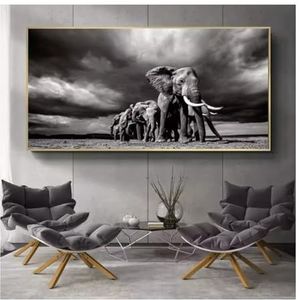 Zwart-wit dier muurkunst canvas schilderij olifant landschap posters prints muurfoto's voor woonkamer wanddecoratie - 40 x 80 cm niet ingelijst