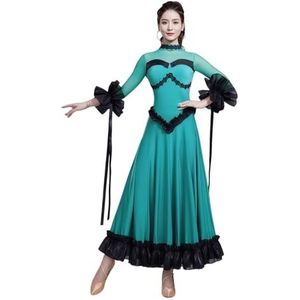 Tytyozay Standaard dansjurk voor dames, elegante grote swingrok met zwarte kant en strikmouwen lange mouwen dansjurk voor balzaal voor wals tango en foxtrot,Groen,L