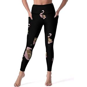 Chilling Luiaard op Flamingo Float Yogabroek voor dames, hoge taille, buikcontrole, workout, hardlooplegging, XL