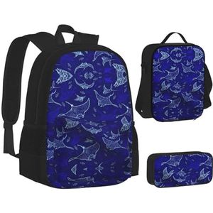 SUHNGE Hamerhead Haaien Print Rugzak School Boekentassen Set Lunch Tas Etui School Rugzakken Meisjes Jongens, Manta Ray en vis, Eén maat