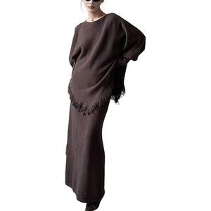 MLSHWUG Dames Gebreid Shirt Met Ronde Hals En Kwastje En Hoog Getailleerde Slankmakende Rok 2-Delige Set,Koffie,One Size