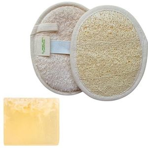 Natuurlijke Loofah exfoliërende lichaamsscrubber, 2 pads en geitenmelk zeepstaaf (verpakking van 1) | Douche Loofah spons | Exfoliërende loofah spons voor douche, Luffa, Loofa badspons voor dames en