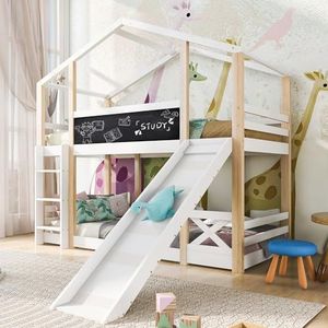 Aunvla Kinderbed, boomhut met glijbaan en ladder, 90 x 200 cm, hoogslaper voor kinderen, 2 x lattenbodem, naturel en wit