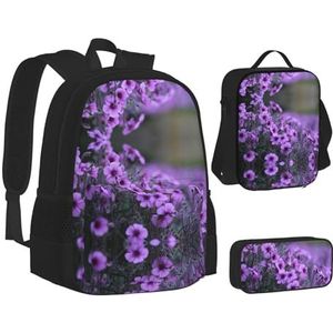 SUHNGE I Love Alpacas Print Rugzakken Combinatie 3 in 1 Set Boekentas en Lunchbox en Potlood Pouch Verstelbaar, Lavendel Boeket, Eén maat