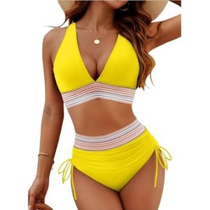 Bikinisets met hoge taille for dames, tweedelig badpak met trekkoord, badpakken met buikcorrectie, badpakken for op het strand(Yellow,2XL)
