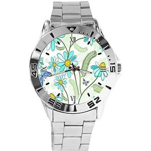 Blauwe Bloemen Vlinder Mode Womens Polshorloges Sport Horloge voor Mannen Casual RVS Band Analoog Quartz Polshorloge