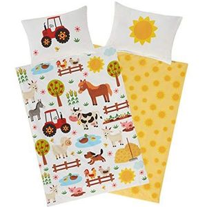 Aminata kids Kinderbeddengoed boerderijdieren 100 x 135 cm + 40 x 60 cm, katoen met ritssluiting, onze kinderbeddengoedset met diermotief is kleurrijk, tractor paard, hond, ezel zon