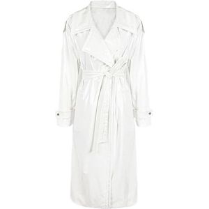 Dvbfufv Vrouwen Herfst Riem Lange Losse Glanzende Lederen Trenchcoat Vrouwen Single Breasted Mode Jas, Wit, S