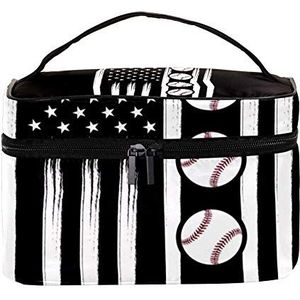 Honkbal Amerikaanse vlag patroon make-up tas cosmetica opslag organizer - reizen toilettas met handvat, make-up borstels lippenstift houder