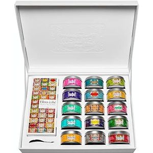 Kusmi Tea - The Collection - Doos van 15 x 25g metalen blikken gearomatiseerde thee en infusies in bulk - Met doos van 100 theefilters en gegraveerd lepeltje
