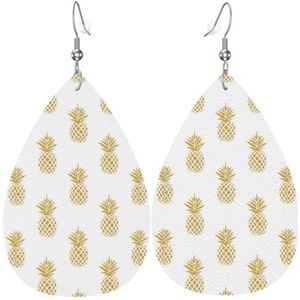 Gouden Ananas Achtergrond Gedrukt Lederen Oorbellen, Hart Mode Vrouwen Oorbellen, Lichtgewicht Oorbellen Voor Vrouwen, Eén maat, Sterling zilver, Geen edelsteen