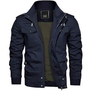 KEFITEVD Overgangsjas voor heren, lichte winterjas van katoen, herfstjas, pilotenjas met opstaande kraag, bomberjack, legerjas, marineblauw, L